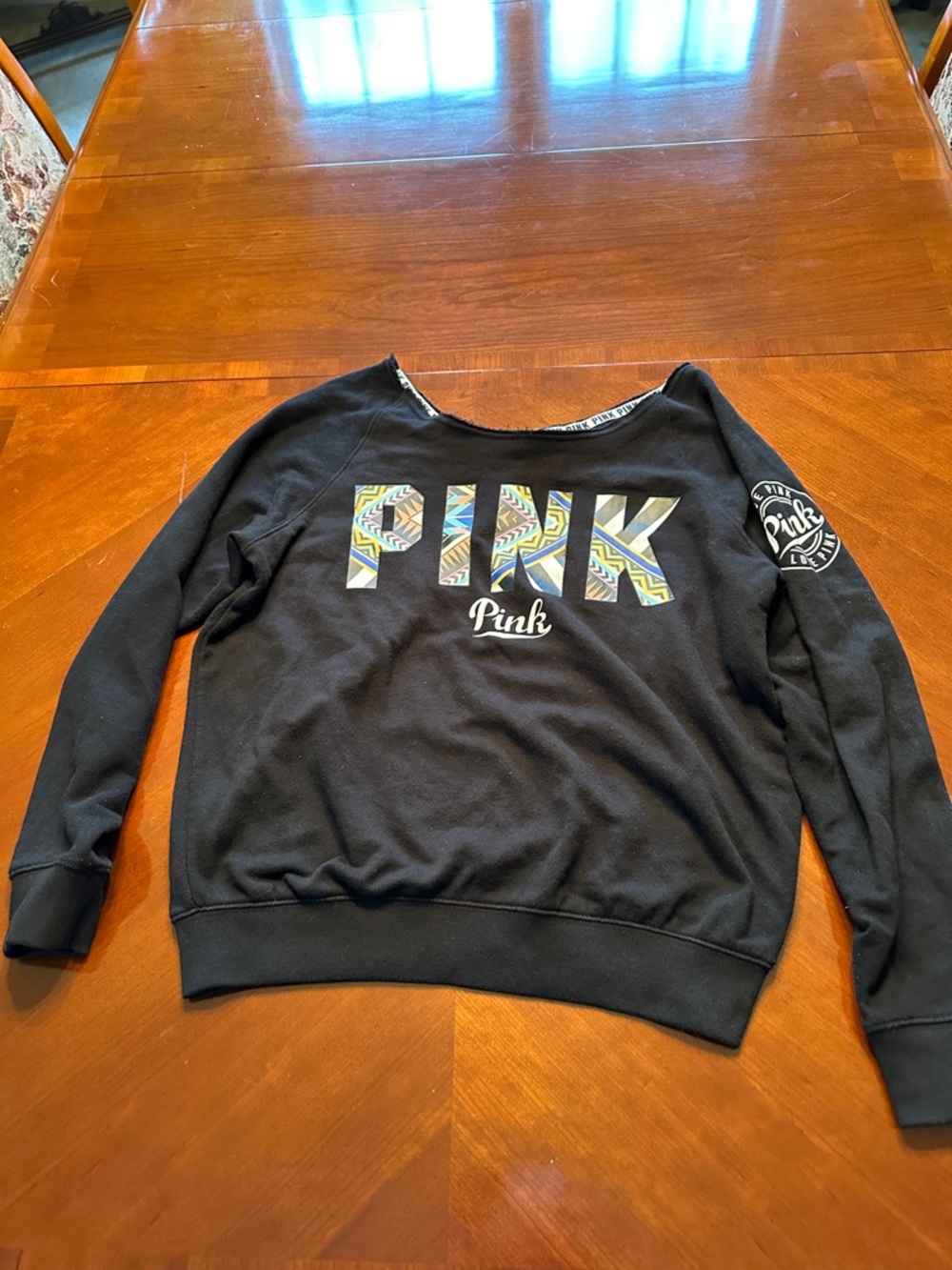 PINK Victoria's Secret Black Sweatshirt with Multicolor Patterned Logo